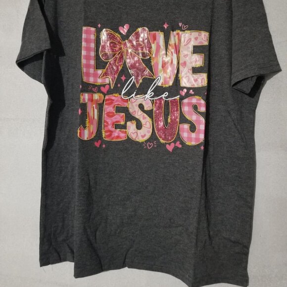 "Love Like Jesus" Basic Tee Shirt 2XL Grey Pink Short Sleeved Faith Top - Picture 2 of 5